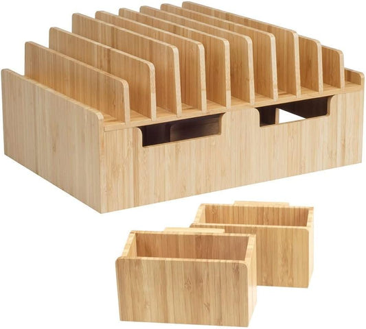 MobileVision Bamboo 10-Port Charging Station Plus 2 Caddy Add-On Combo to hold pens keys and extra storage