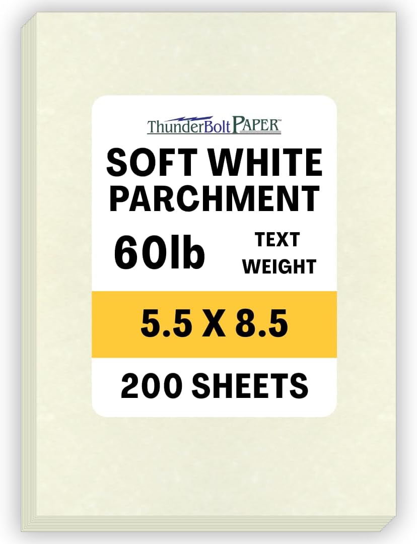 200 Soft White Parchment 60# Text (=24# Bond) Paper Sheets - 5.5 X 8.5 Inches Half Letter | Statement Size Size - 60 Pound is Not Card Weight - Vintage Colored Old Parchment Semblance