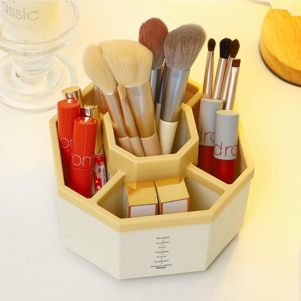 Desk Organizer, 360-Degree Rotating Multi-Functional Pen Holder, 5 Compartments Desktop Stationary Organizer, Home Office Art Supply Storage Box Caddy (White+Yellow)