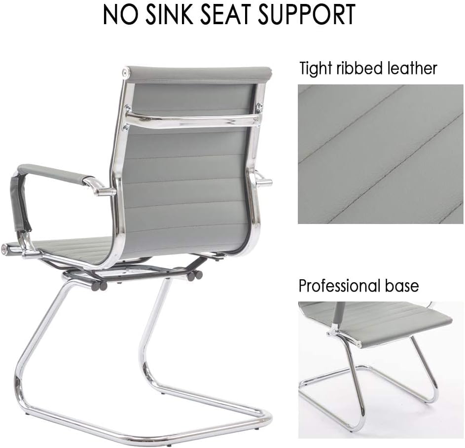 Office Desk Chair Set of 8,No Wheels PU Leather Computer Chairs Mid Back Guest Chairs with Seld Base for School/Reception/Conference/Waiting Room,Grey