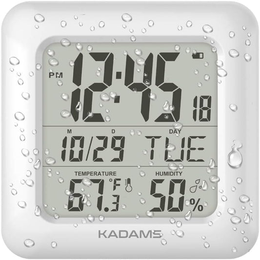 KADAMS Bathroom Clock 9.5" Kitchen Wall Clock with Large LCD Screen – Shower Clock with Suction Cup,Temperature, Humidity, Calendar – Water-Resistant, 4 Mounting Options, White