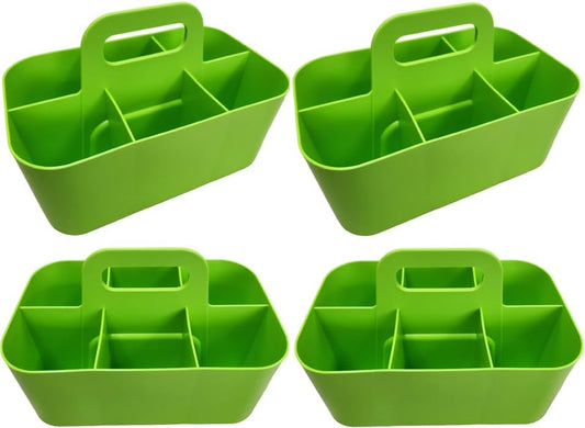 Small Stackable Plastic Caddy with Handle 6 Compartment | Desk, Makeup, Dorm Caddy, Classroom Art Organizers - 4 Pack, Made In USA (Green)