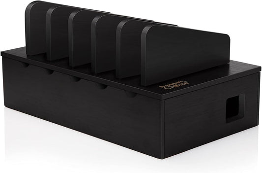 Prosumer's Choice Charging Station for Multiple Devices - 5 Device Charger Organizer for Smartphones and Tablets - Wooden Rack with Removable Dividers - Charging Dock for Work from Home - Black