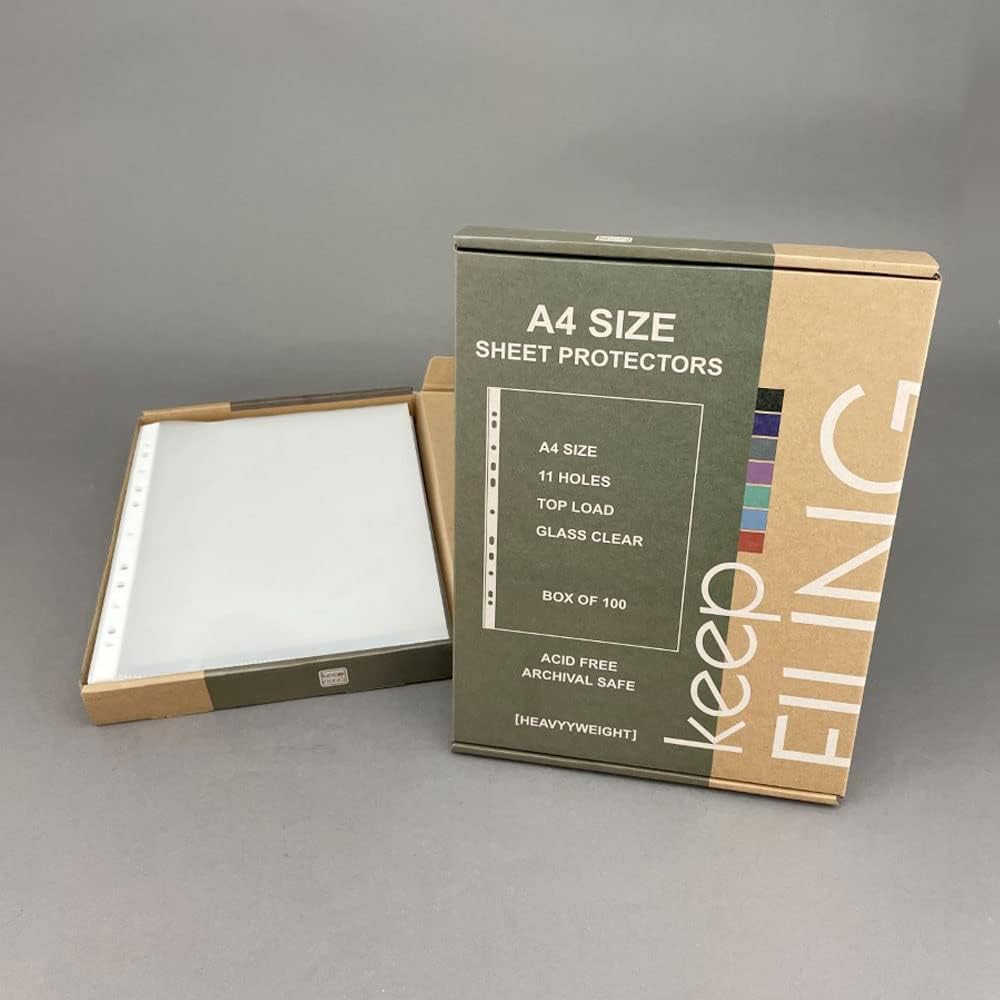 A4 Sheet Protectors, Top Load, Heavyweight, Pre-Punched 11 Holes, Glass Clear, Acid Free, 100 per Box