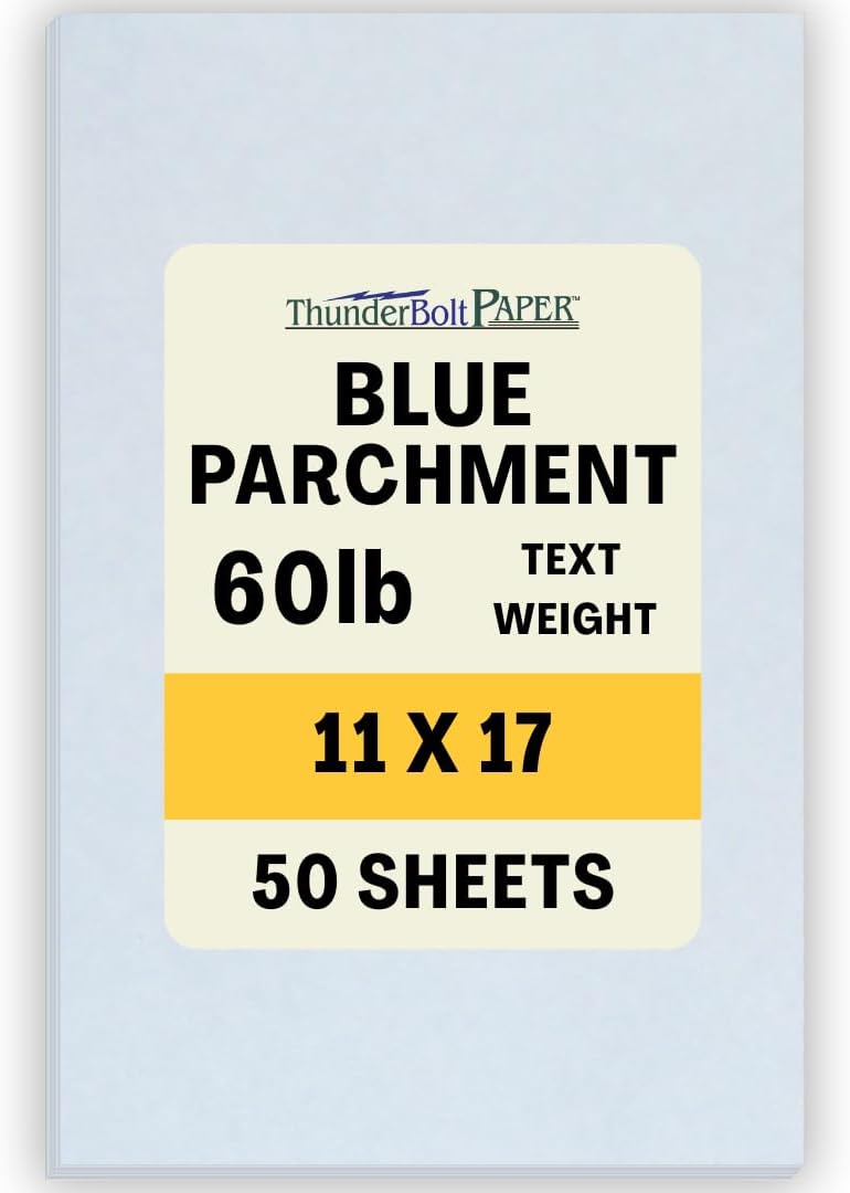 50 Light Blue Parchment 60# Text (=24# Bond) Paper Sheets - 11" X 17" (11X17 Inches) Tabloid|Ledger|Booklet Size - 60 Pound is Not Card Weight - Vintage Colored Old Parchment Semblance