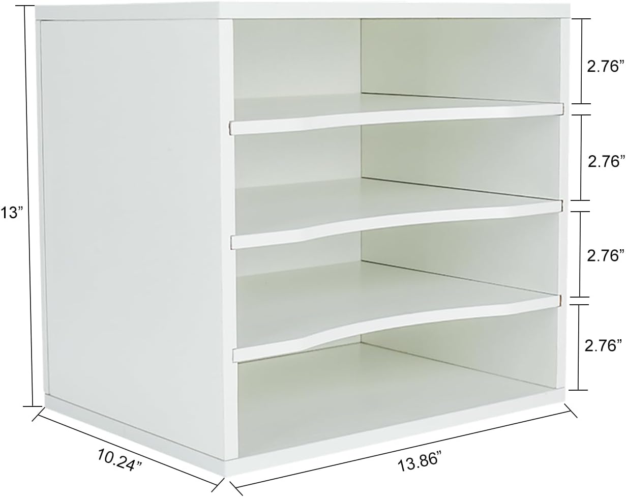 PAG Mail Sorter Organizer, Wood Countertop Literature Organizer, Office Supplies Desktop File Bill Paper Organizer for Office Home School, 4 Compartments, White