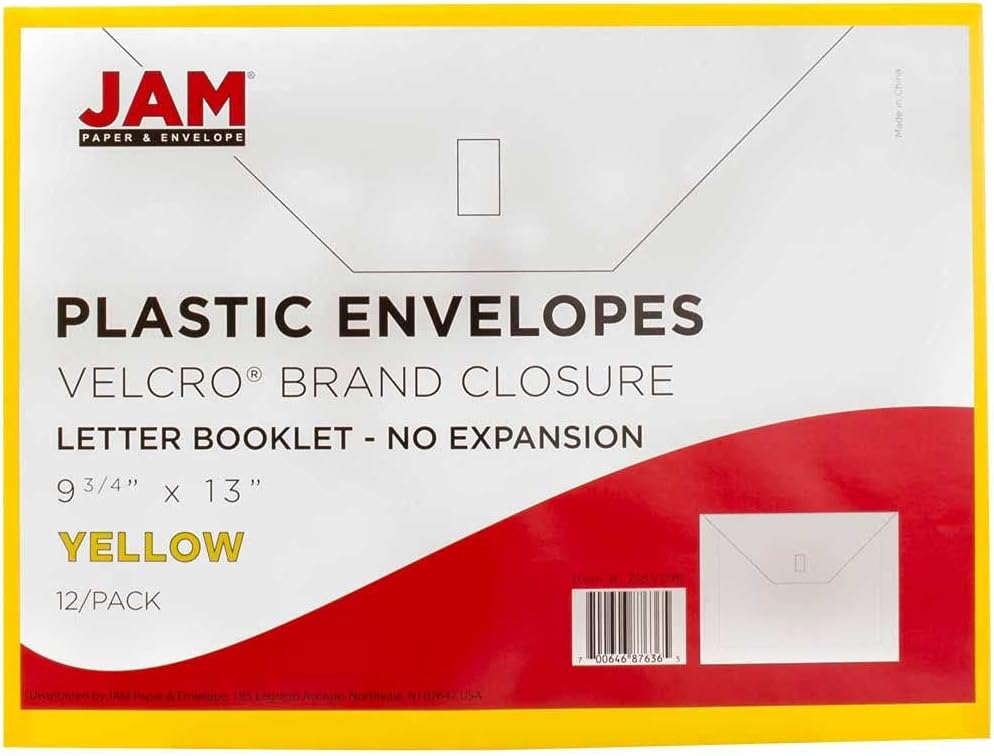 JAM PAPER Plastic Envelopes with Hook & Loop Closure - Letter Booklet - 9 3/4 x 13 - Yellow - 12/Pack