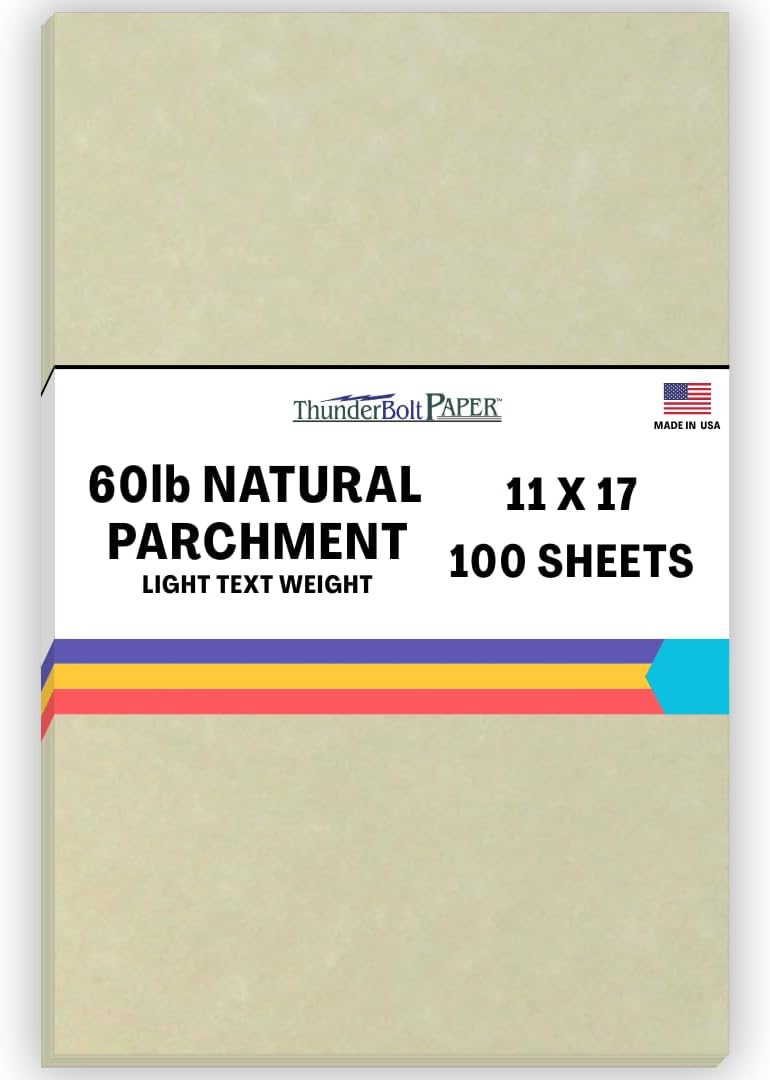 100 Natural Parchment 60# Text (=24# Bond) Paper Sheets - 11" X 17" (11X17 Inches) Tabloid|Ledger|Booklet Size - 60 Pound is Not Card Weight - Vintage Colored Old Parchment Semblance
