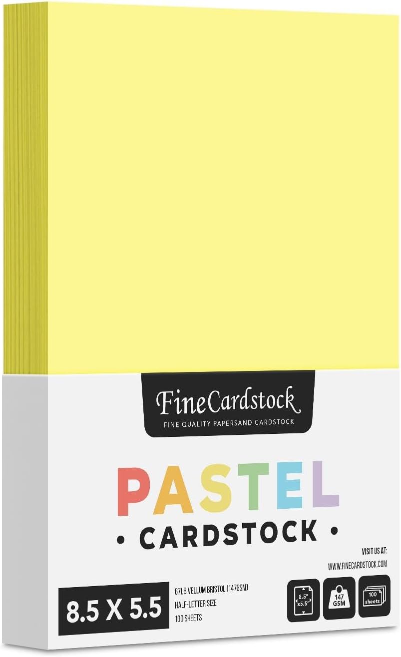 Half Letter Size, 8.5" x 5.5" Pastel Color Cardstock Paper for Arts and Crafts, Scrapbooking, Stationery Printing | Medium Weight 67lb Vellum Bristol (147gsm) Card Stock | 100 Sheets per Pack | Canary