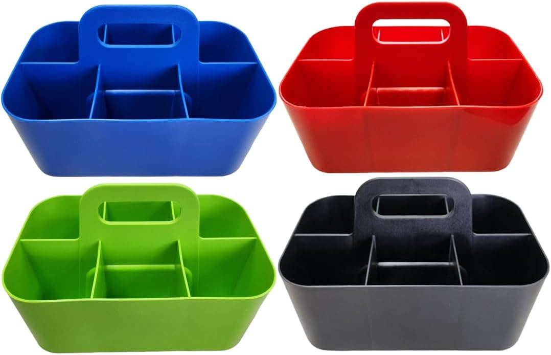 Small Stackable Plastic Caddy with Handle 6 Compartment | Desk, Makeup, Dorm Caddy, Classroom Art Organizers - 4 Pack, Made In USA (Black/Red/Blue/Green)