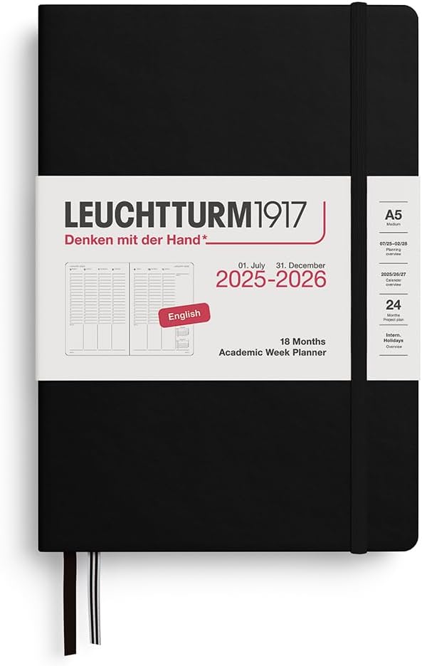 LEUCHTTURM1917 - Academic Week Planner Hardcover Medium (A5), 18-month, Jul. 2025 - Dec. 2026, English, Black