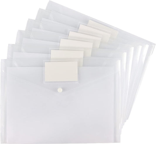 6 Pack Clear Document Folders Plastic Envelopes Poly Envelopes File Envelopes with Label Pocket and Snap Button for Home Work Office Organization, Letter Size/A4 Size, White