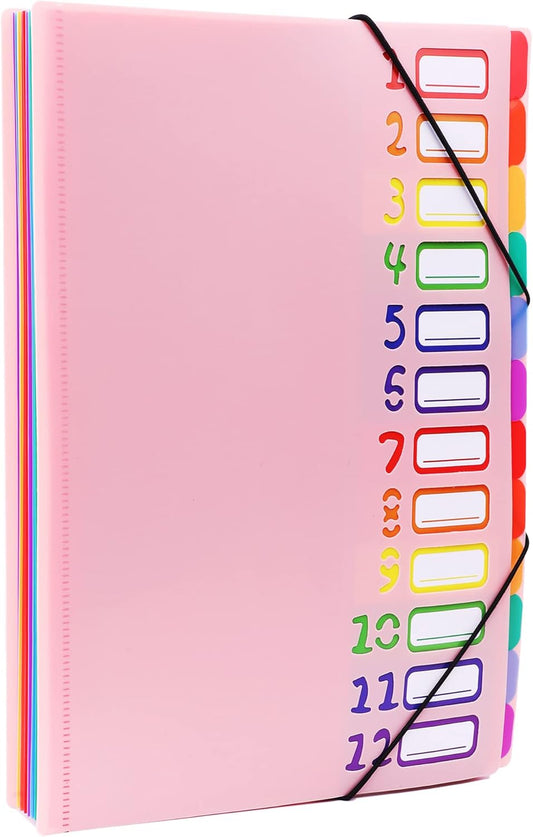 Rainbow Tab Expanding File Folder - 24 Pockets, Durable A4 Letter Size Organizer, Water-Resistant Plastic Dividers, Home/Office/School Document Holder (Pink)
