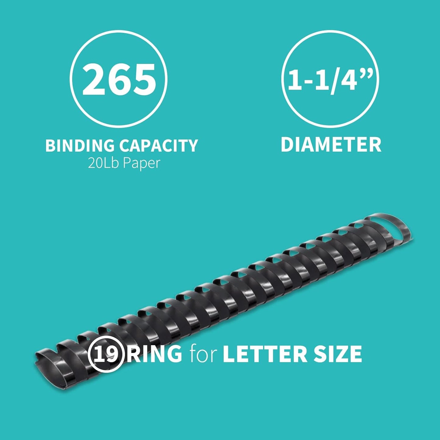 Binditek 50 Pack Plastic Binding Comb Spines, 1-1/4 Inch Diameter, 265 Sheet Capacity, 19 Ring, for Letter Size, Black, for Students and Coworkers