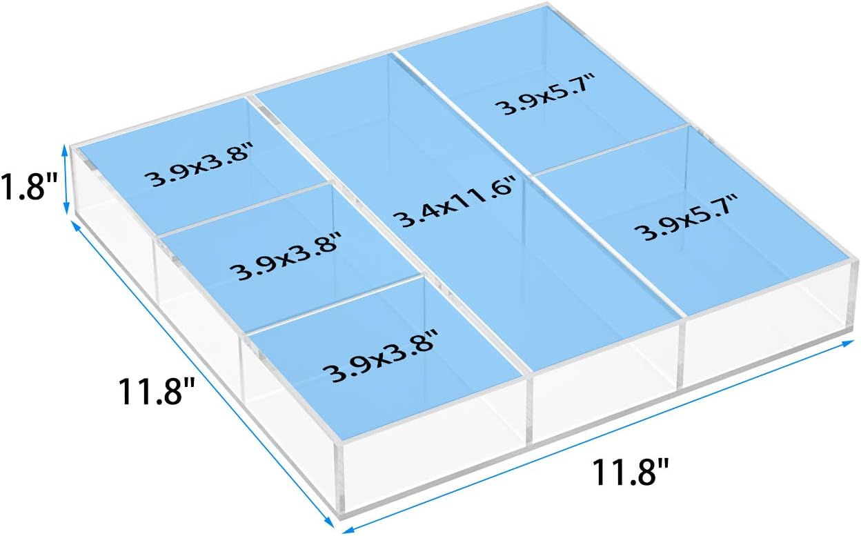 HIIMIEI Acrylic Drawer Organizer, 6 Section Clear Makeup Tray Organizer for Drawer Office Bedroom(11.8x11.8 inch)