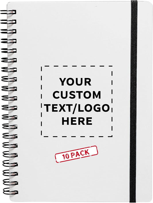 10 White Spiral Notebooks with Elastic Band Pack - Customizable Text, Logo - 80 lined pages, Recycled - Black