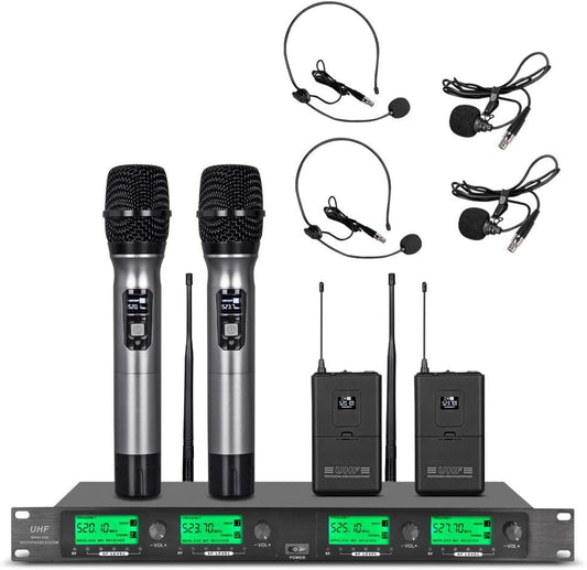 WENWEN Wireless Microphone System UHF 4 Channel 2 Handheld Mic 2 Headset 2 Lavalier Bodypack 2 Lapel Mic Pro Karaoke System Speaking Conference Wedding Party