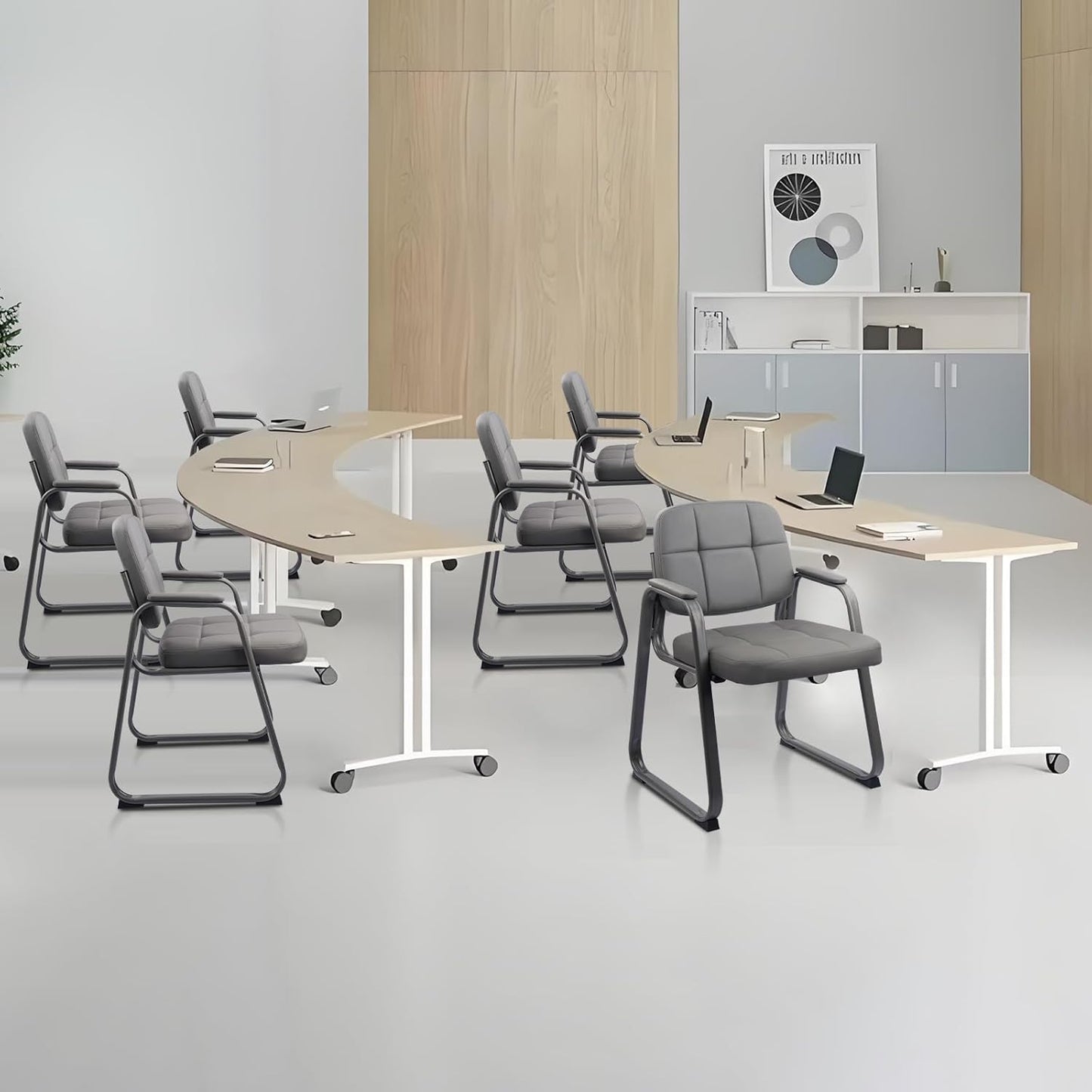 CLATINA Waiting Room Guest Chair with Bonded Leather Padded Arm Rest for Office Reception and Conference Desk Black with Sled Base Grey 4 Pack