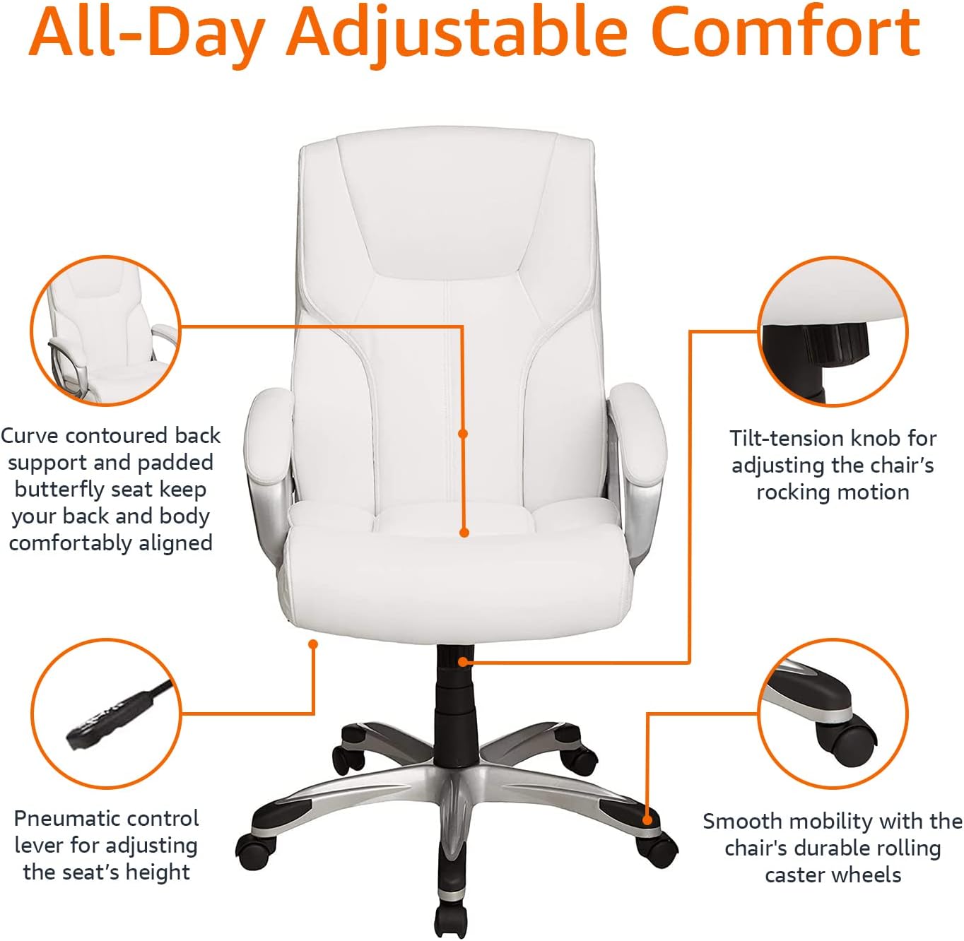 Amazon Basics Executive Home Office Desk Chair with Padded Armrests, Adjustable Height and Tilt, Rolling Swivel Chair, 275 Pound Capacity, White and Pewter