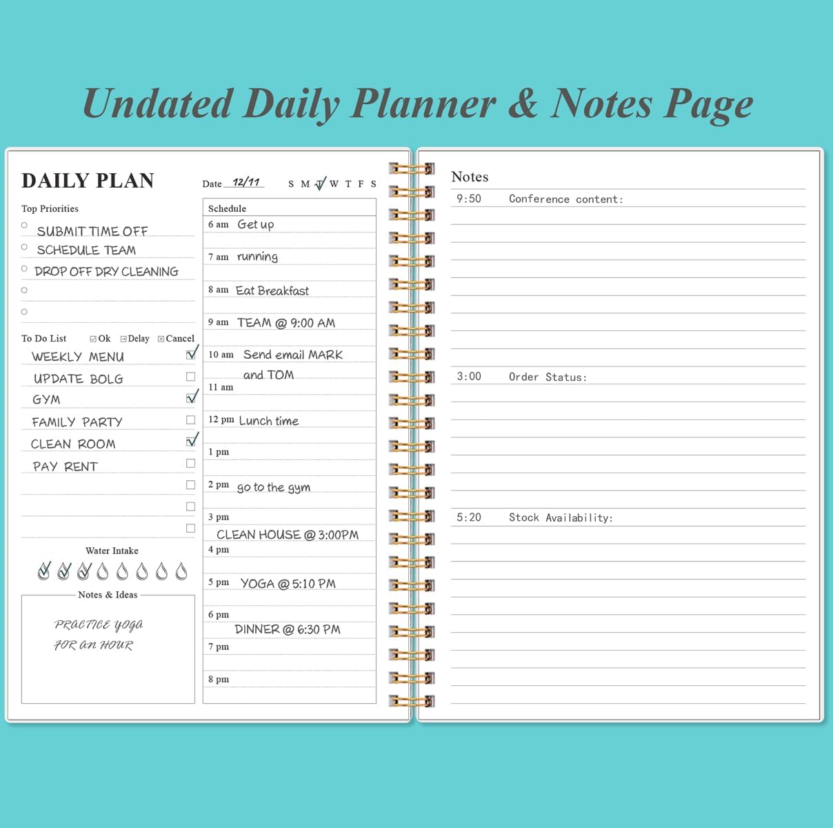 Daily Planner Undated - A5 To Do List Notebook Hourly Schedules, Spiral Appointment Planner for Women and Men, PVC Hardcover, Inner Pocket, Elastic Closure, 5.8" x 8.3", Teal Flowers