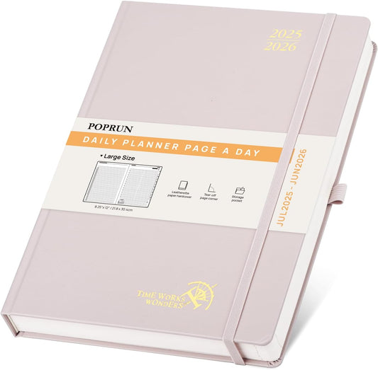 POPRUN 2025-2026 Daily Planner One Page Per Day (Large - 8.25'' x 12'') - Academic Calendar (July 2025 - June 2026), 2025 Day Appointment Book with Monthly Tabs, Hardcover - Light Pink