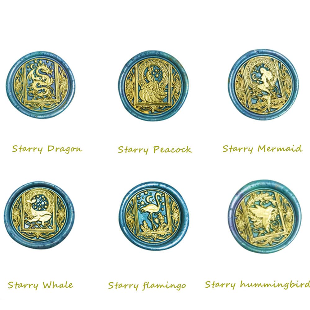 Wax Seal Stamp, 6pcs Brass Heads & Rosewood Handle, Starry Animal Kit for Invitations, Art, DIY Crafts