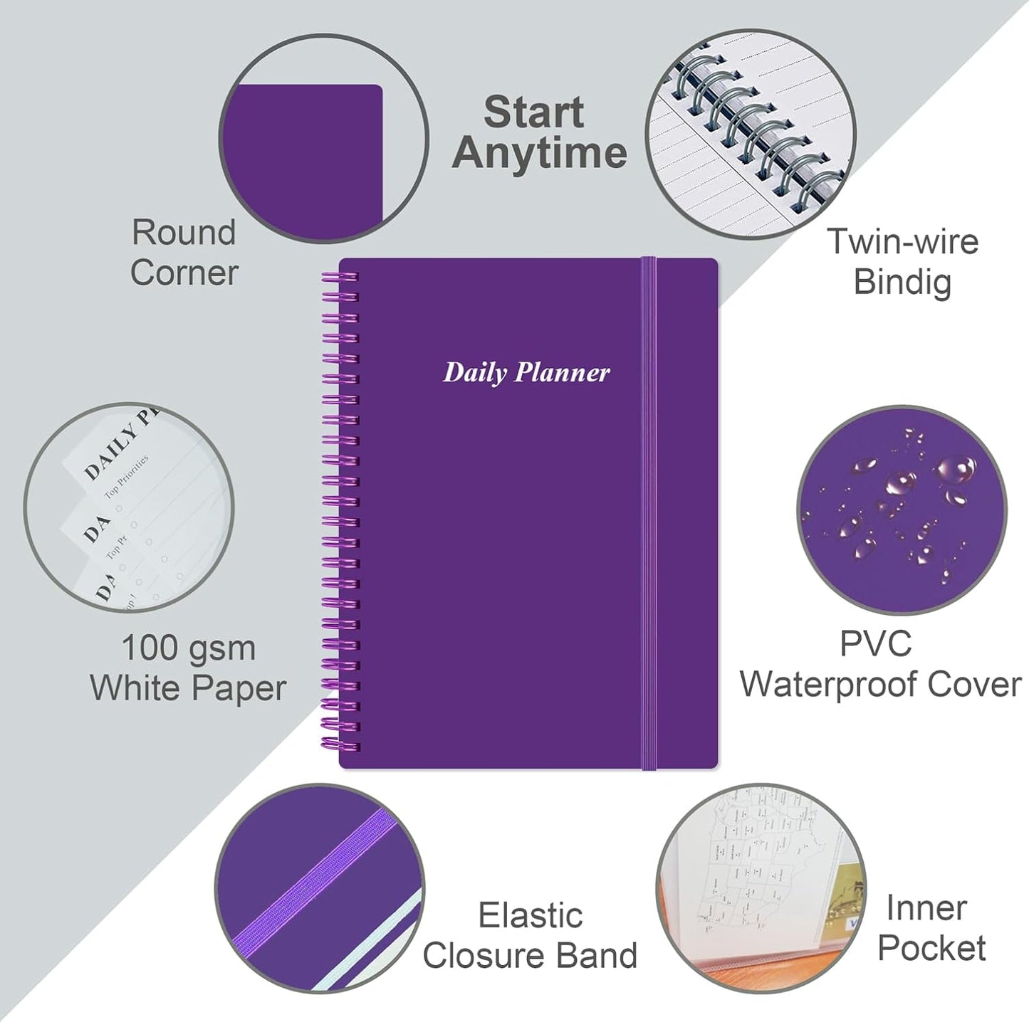 Daily Planner Undated - A5 To Do List Notebook Hourly Schedules, Spiral Appointment Planner for Women and Men, PVC Hardcover, Inner Pocket, Elastic Closure, 5.8" x 8.3", Purple