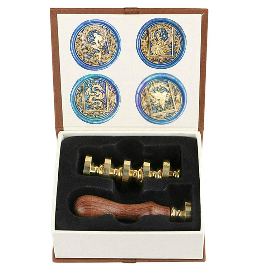 Wax Seal Stamp kit, ANBOSE Starry Animal Wax Seal Stamp Set with 4 PCS Removable Brass Heads and 1 Wooden Handle, Mermaid Peacock Dragon Hummingbird Sealing Wax Stamp for Letter Cards Invitations
