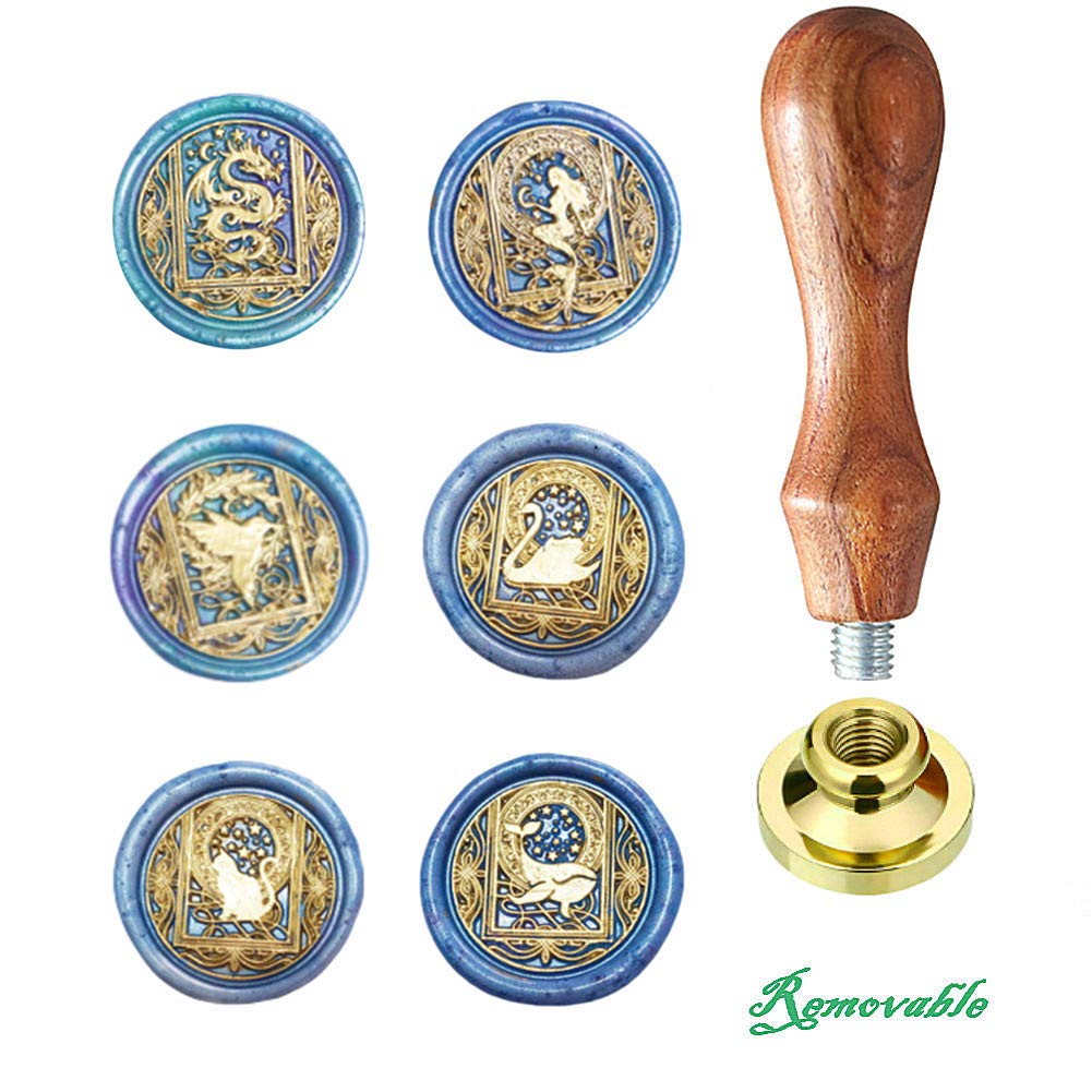 Wax Seal Stamp kit, ANBOSE Starry Animal Wax Seal Stamp Set with 6 PCS Removable Brass Heads and 1 Wooden Handle, Retro Vintage Dragon Mermaid Swan Hummingbird Cat Whale Sealing Wax Stamp for Craft