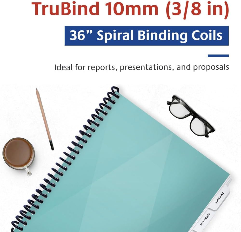 TruBind 10mm (3/8 in.) Spiral Binding Coils for Reports, Presentations and Proposals | 4:1 Pitch | 36 in. Length | Black | 75 Sheets Binding Capacity | 100 Pack