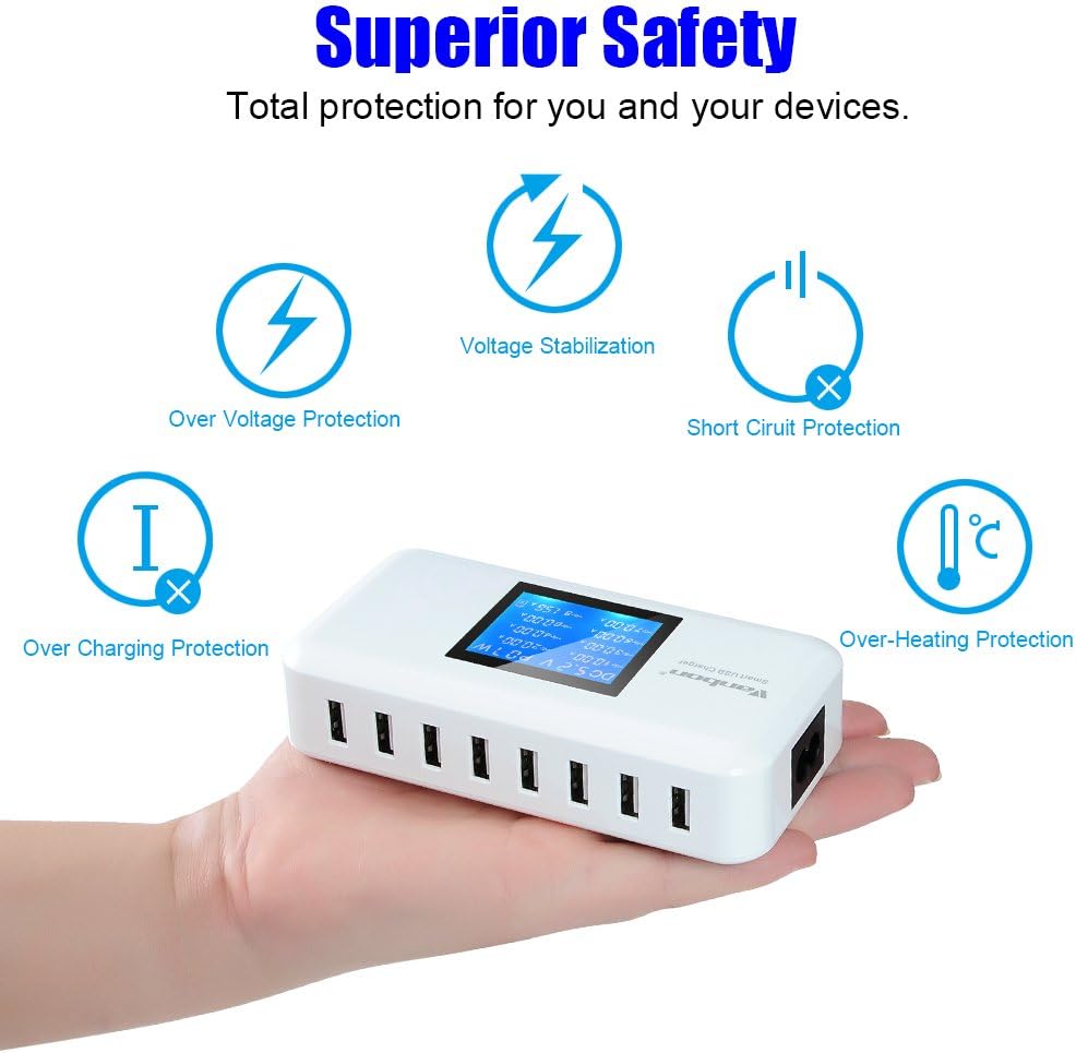 60W/12A 8-Port Desktop Charging Station Multiple USB, Multi Port Travel Fast Wall Charger Hub with LCD for Smart Phones, Tablet and More (White)