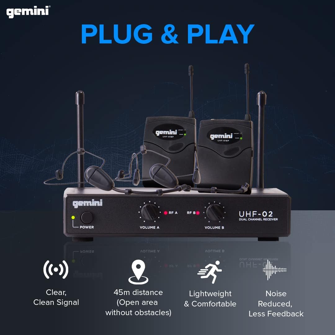 Gemini Sound UHF-02HL-S12 - Dual Channel UHF Wireless Headset & Lapel Mic System, Perfect for Fitness Instructors, Presenters, and Stage Performers