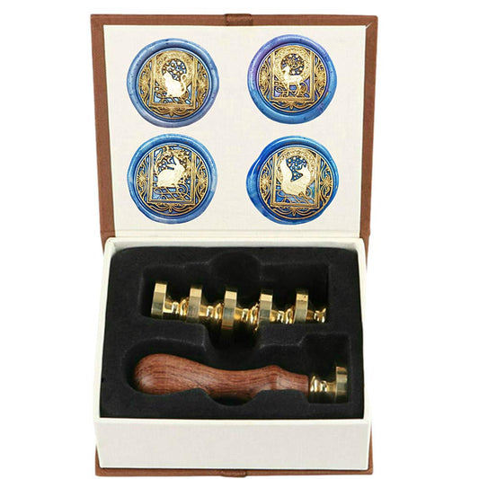 Starry Animal Wax Seal Stamp Set with 4 PCS Removable Brass Heads and 1 Wooden Handle - Retro Vintage Cat Deer Rabbit Fox Sealing Wax Stamp for Letter Cards Invitations