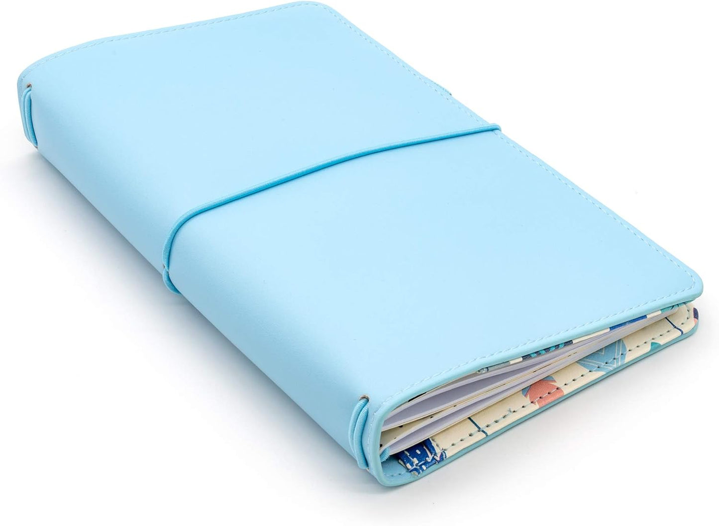 Pukka Pad, Carpe Diem Refillable Traveler’s Notebook Cover – Faux Leather Portfolio with Blank and Lined Notepads – Includes 6 Pockets, Pen Loop, and Elastic Closure – 8.5 x 5.5 Inches, Sky Blue