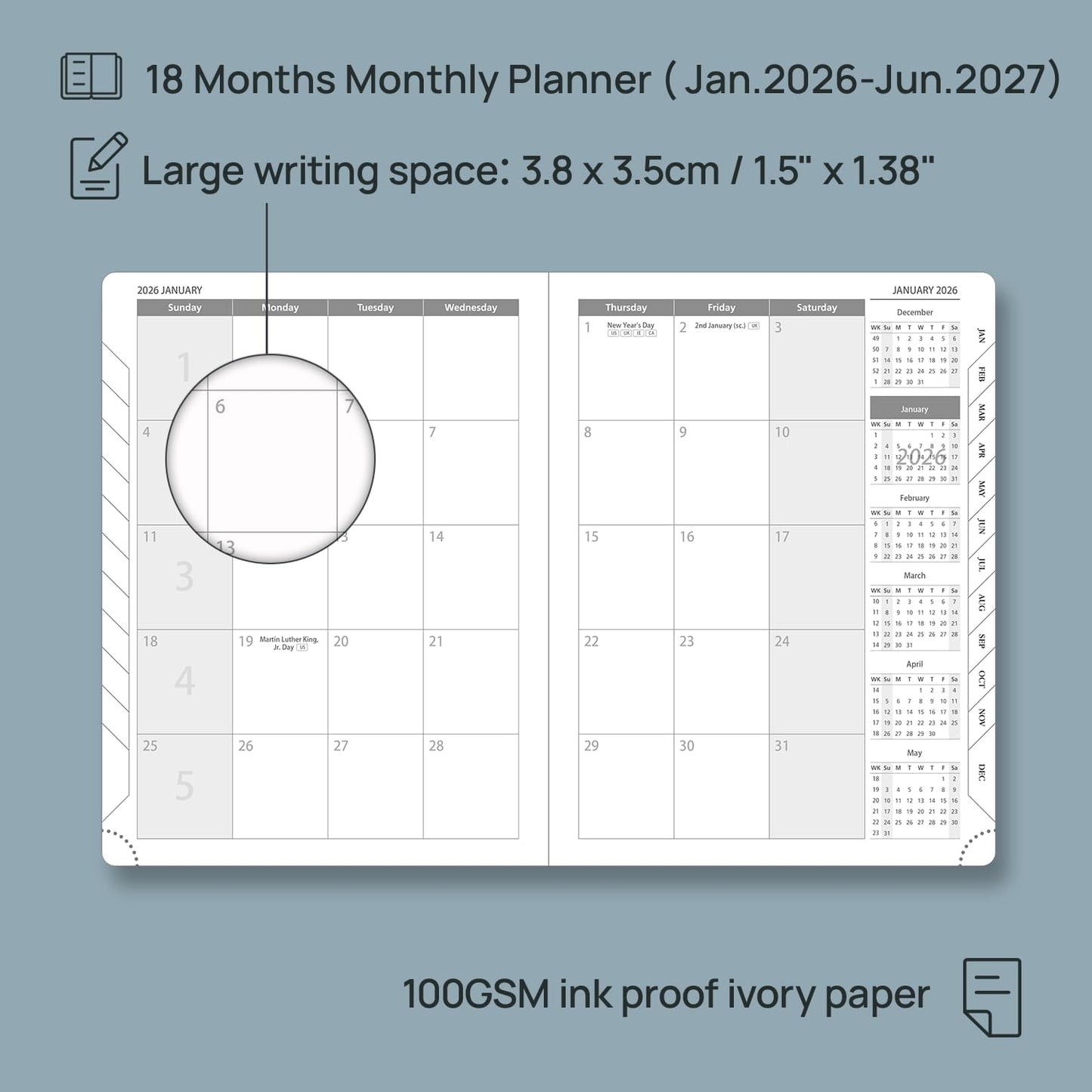 POPRUN Monthly Planner 2026-2027 (Medium- 6.5'' x 8.5'' Soft Cover), 18-Month Calendar Book (Jan.2026 - Jun. 2027), Calendar Planner with Monthly Tabs & Pocket, 100 GSM Paper - Pink