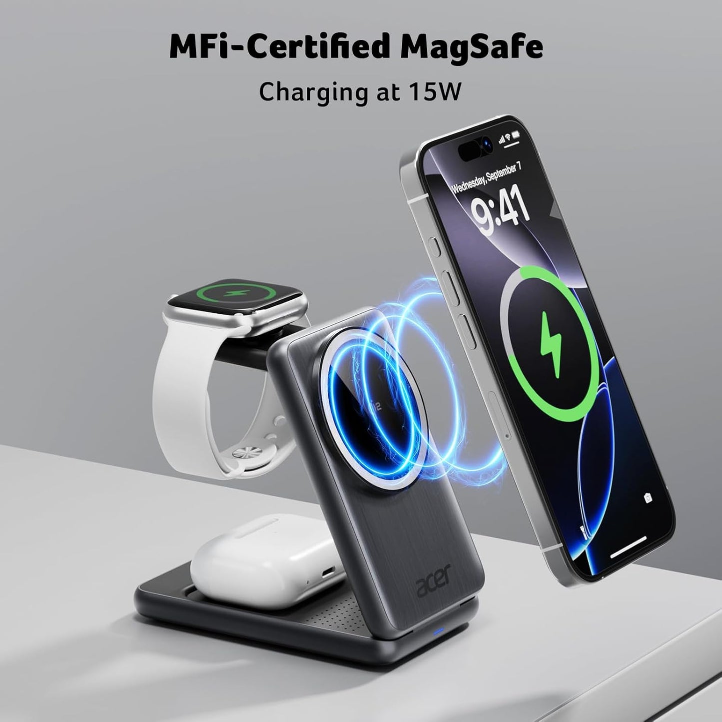 Acer Magnetic Wireless Charger, 3 in 1 Wireless Charging Station, 15W Fast MagSafe Charger for iPhone 16 15 14 13 12 Series -Apple Watch 10 9 8 7 6 5 4 3 2 SE and Ultra Series-Airpods 4 3 2 Pro Series