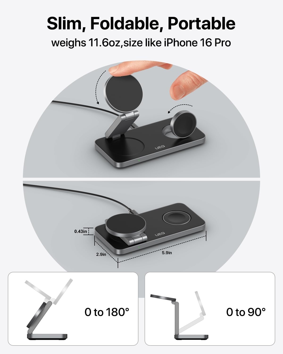 Foldable 3 in 1 Wireless Charging Station for Apple Magsafe Charger Stand,Fast Magnetic Wireless Charger Station for iPhone 17 Air 16 15 14 13 12 Series,Airpods Pro,Apple Watch Ultra (Pure Black)