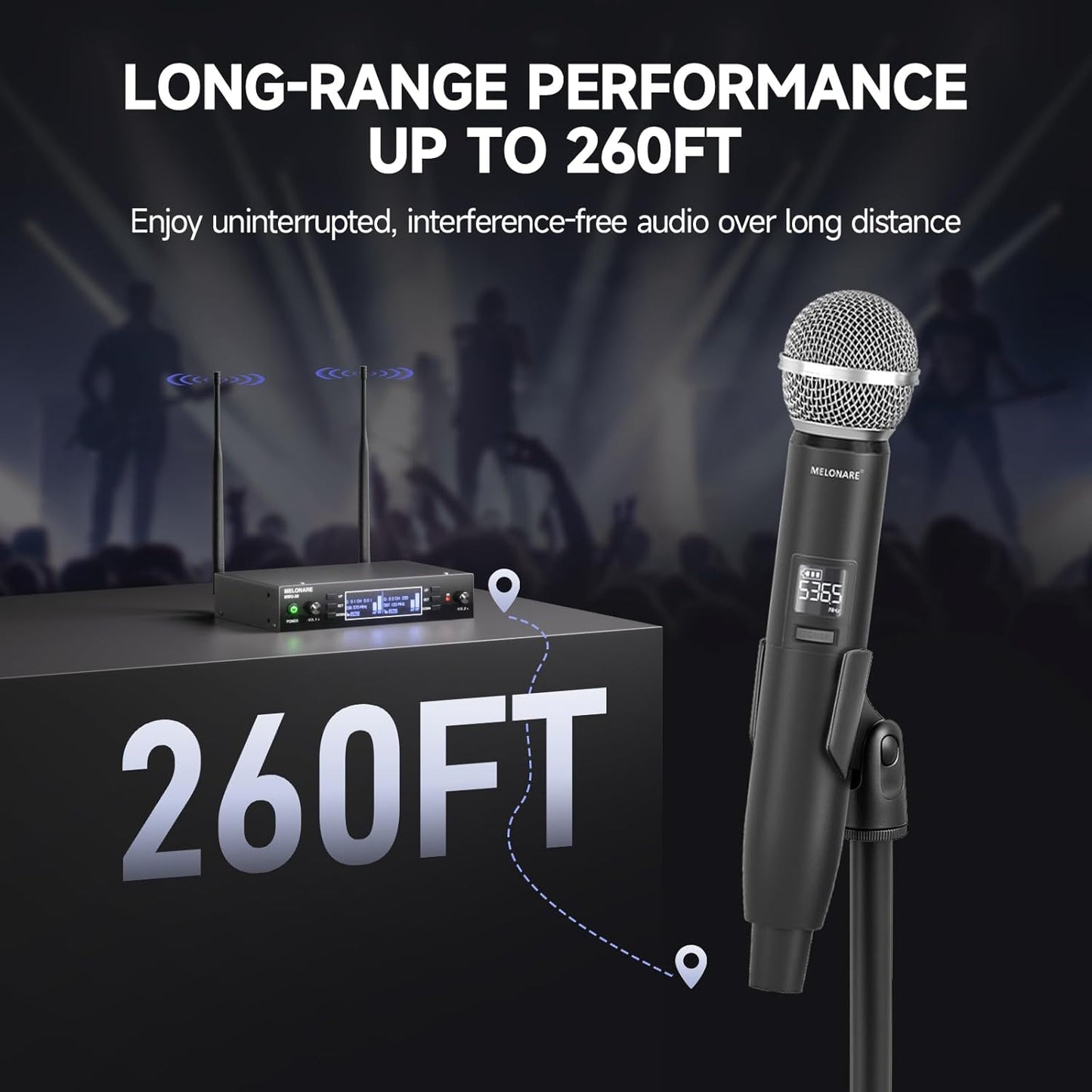 Dual Channel Wireless Microphone System, MELONARE Auto-Scan Professional Cordless Dynamic Mic Set, 260ft Range, 2x100 UHF Metal Wireless Mic for Singing, Karaoke, Church, Wedding, DJ (MWU-20-2H)