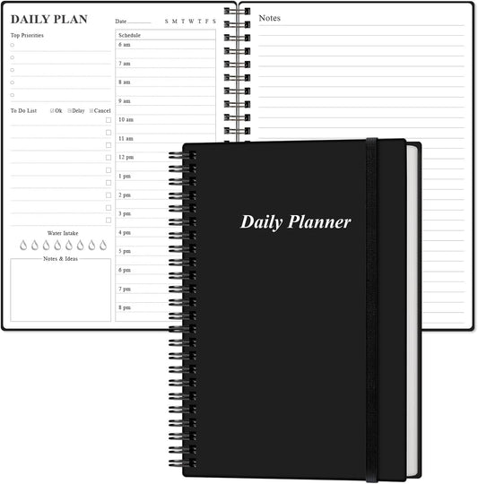 Daily Planner Undated - A5 To Do List Notebook Hourly Schedules, Spiral Appointment Planner for Women and Men, PVC Hardcover, Inner Pocket, Elastic Closure, 5.8" x 8.3", Black