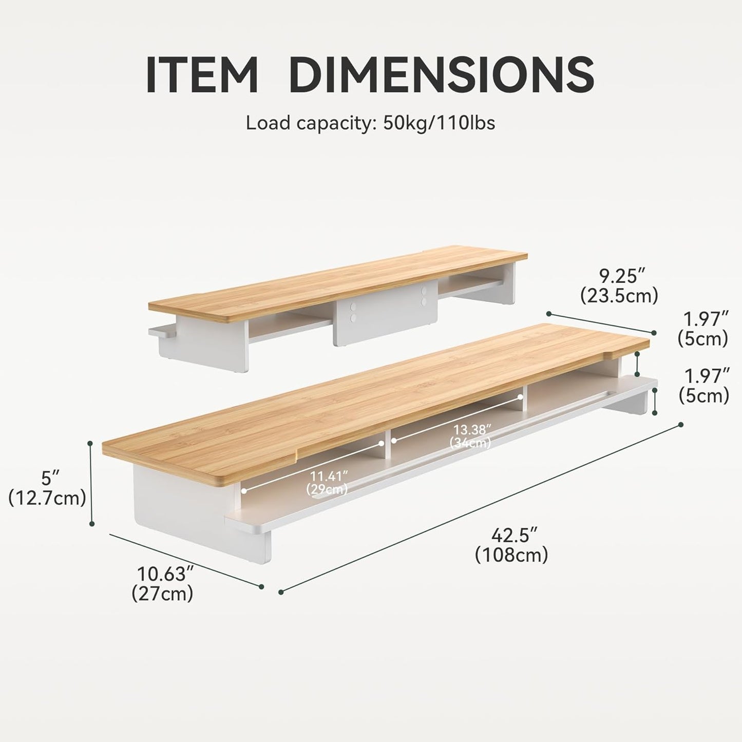 Monitor Stand Dual Monitor Stand Riser for Desk,Wood Desk Shelf Storage Organizer with Phone Tablet Holder (42.5 Inch, White & Natural Bamboo)