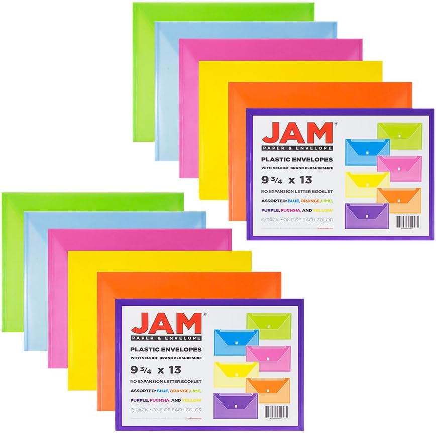 JAM PAPER Plastic Envelopes with Hook & Loop Closure - Letter Booklet - 9 3/4 x 13 - Assorted Colors - 12/Pack