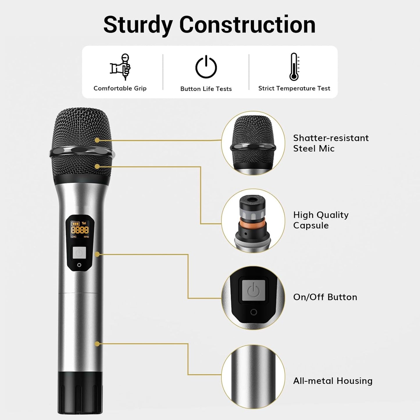 TONOR Wireless Microphones System with 4x10 Channels Metal Cordless Handheld Microfonos, 4 Antennas for 295FT UHF Range, Mics with Stable Signal Transmission for Singing Party Church Karaoke, Silver