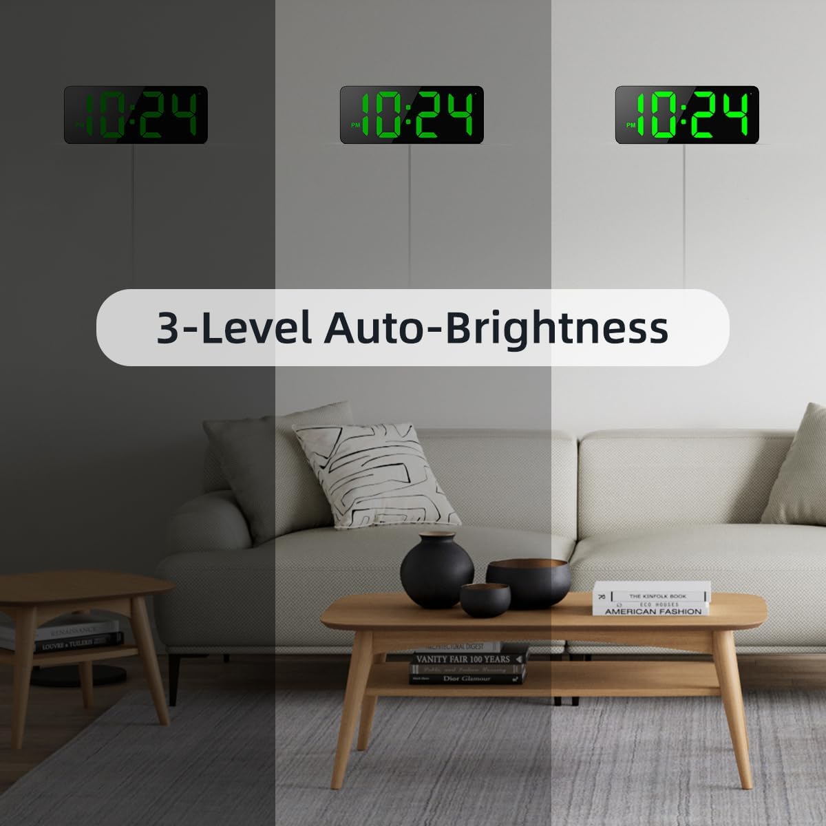 LED Digital Wall Clock with Large Display, Big Digits, Auto-Brightness, 12/24Hr Format, Modern Electric Small Silent Wall Clock for Living Room, Bedroom, Classroom, Farmhouse, Kitchen, Office - Green