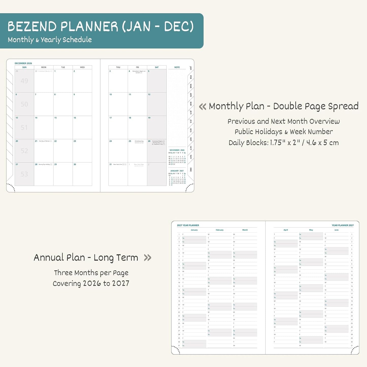 BEZEND 2026 Planner Weekly and Monthly (8.5" x 11") Daily Calendar with Half-Hourly Timeslots & Tab (Jan-Dec) Note & Expenses, Pen Holder, Inner Pocket, Vegan Leather Hardcover - Sky Blue