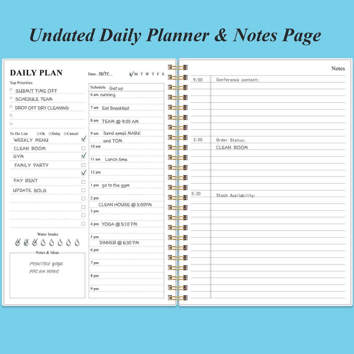 Daily Planner Undated - B5 To Do List Notebook Hourly Schedules, Spiral Appointment Planner for Women and Men, PVC Hardcover, Inner Pocket, Elastic Closure, 7" x 10", Blue Watercolor
