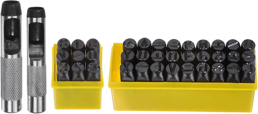 HARFINGTON 36pcs Metal Stamping Kit 1/2" (12.5mm) (A-Z, 0-8, "&" Symbol) Steel Letter Punch Press Tool with Hole Punch to Stamp on Metal, Plastic, Wood, Leather, Black