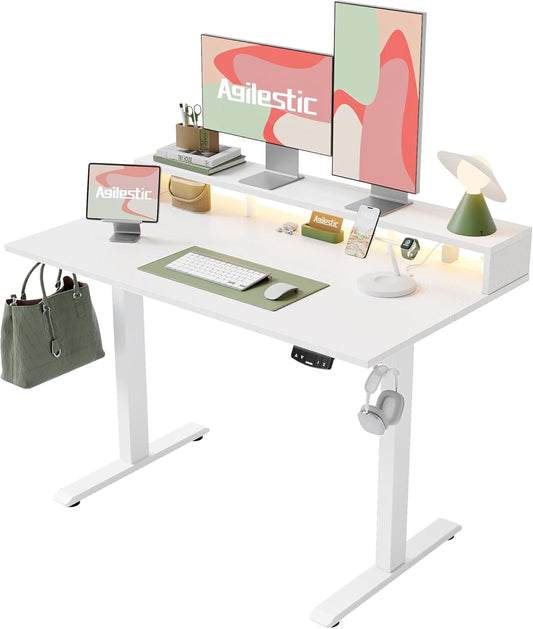 Electric Height Adjustable Standing Desk with Power Outlet and LED Light Strip, Sit to Stand, Ergonomic 48x24 Rising Desk with Memory Presets, Home Office Workstation, Computer Gaming Table, White