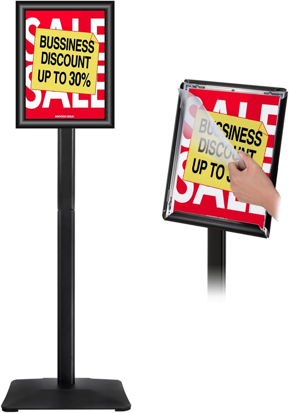 Heavy Duty Adjustable Pedestal Poster Sign Stand, 8.5x11 Aluminum Open Floor Standing Sign Holder for Vertical and Horizontal View Display (8.5x11,Black)