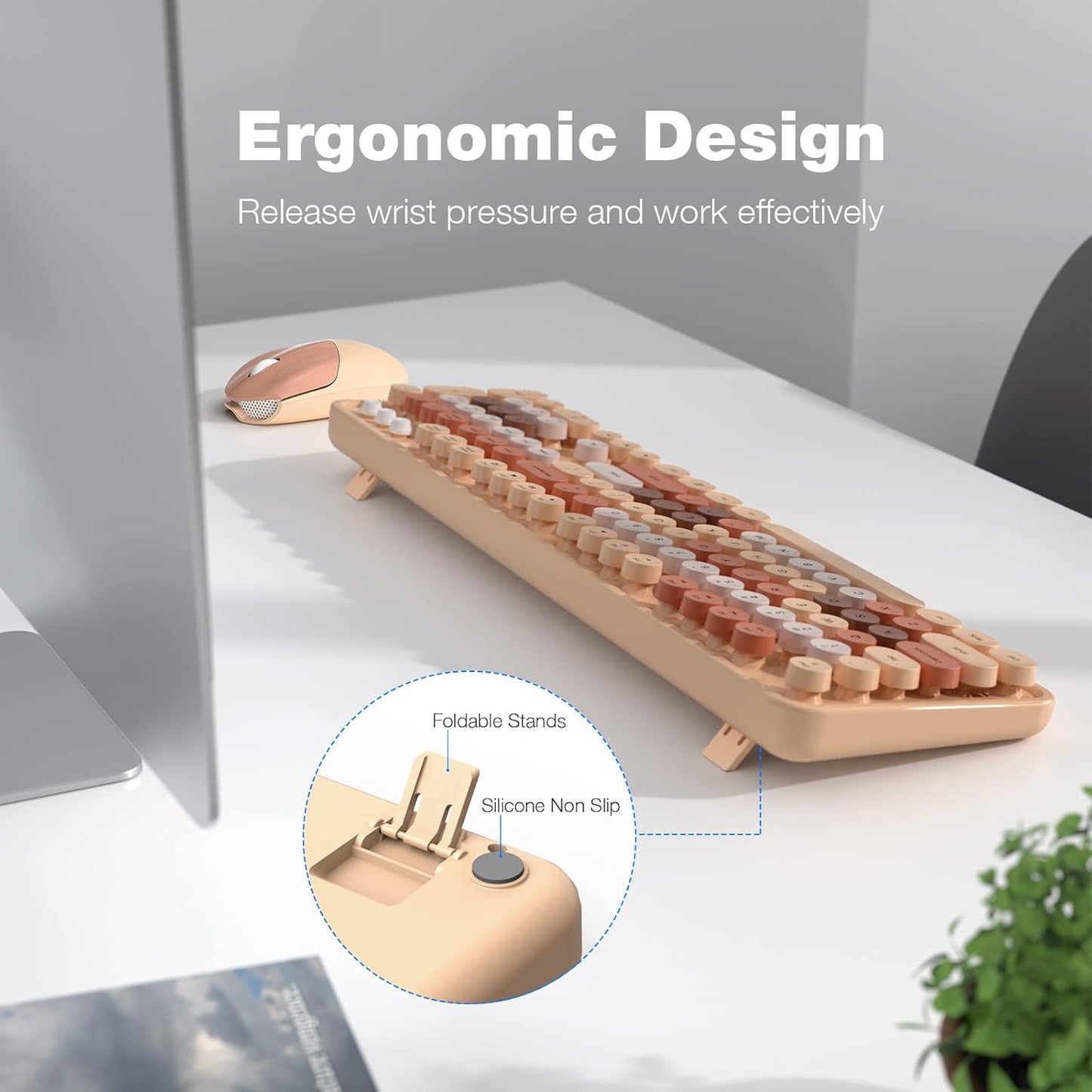 Wireless Keyboard and Mouse, 2.4Ghz USB Retro Full Size Typewriter Keyboard and Sport Car Mouse Combo for Mac, Windows 7/8/10, Laptop, Desktop, PC, Computer (Milk Tea Colorful)