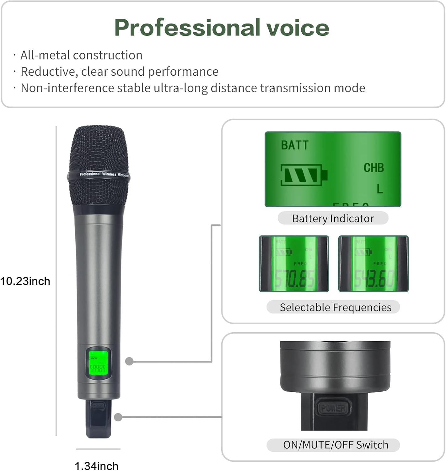 Profession Wireless Microphone System, UHF Handheld Dual Cordless Mic True Diversity Metal Microphones Set, 700ft Range, 2x100 Channels, Auto Scan, Mics for Stage/Studio/Singing/Church